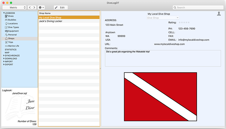 The Shop panel is where you keep information about each Dive Shop, Center, or any Dive Establishment.