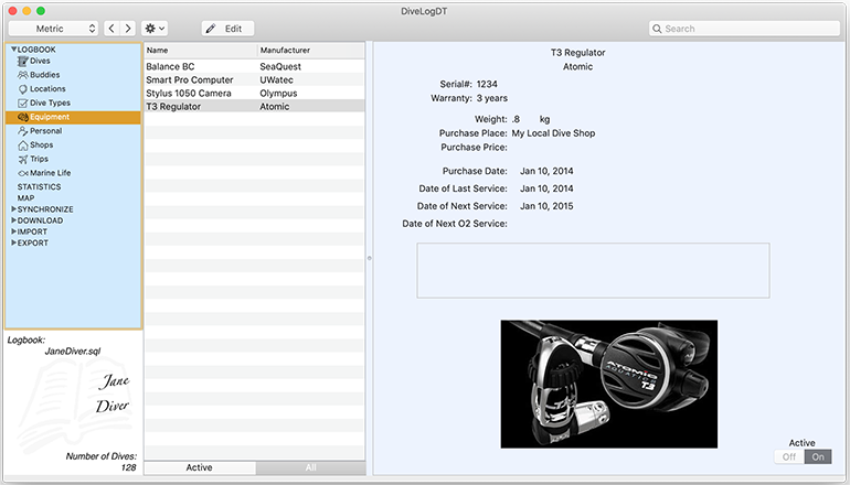 The Equipment panel shows all of the equipment you have entered into the logbook