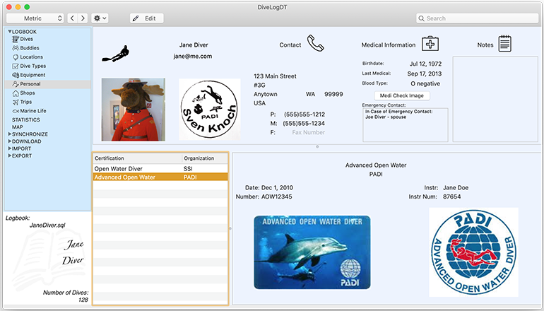 The Personal panel is where you enter information about you as well as information about all of your certifications, including photos of the front and back of your card