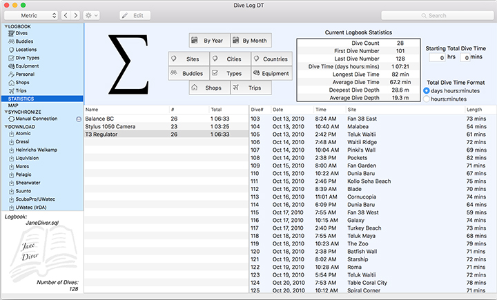 Review your dive history by looking at the Statistics and how you have described each of your dives