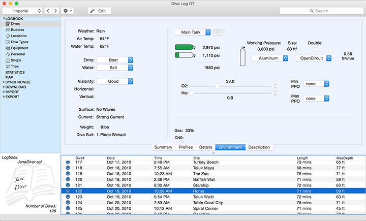View/Edit the Environmental features of your dive plus all of your tank information. (Supports multiple tanks)